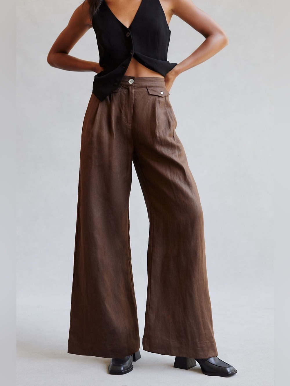 SOVERE / Studio Brown "Instance" High-Waisted Wide-Leg Linen Pants - Size M